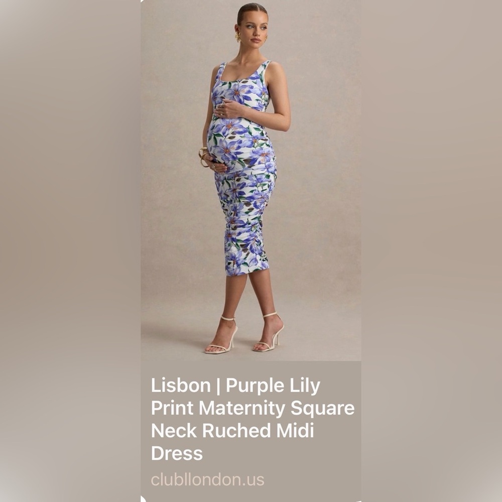 Club L London Purple Lily Print Maternity Square Neck Ruched Midi Dress
